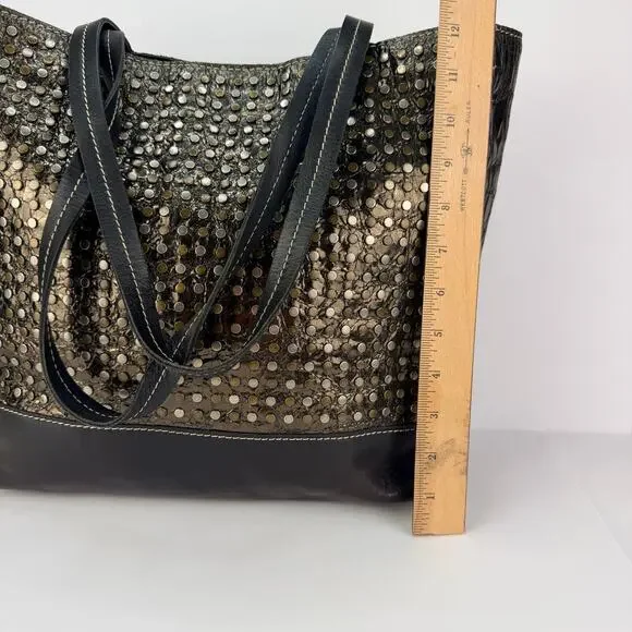 Patricia Nash 2 Tone Silver Bronze Studded Large Black Leather Shoulder tote bag - Picture 11 of 12